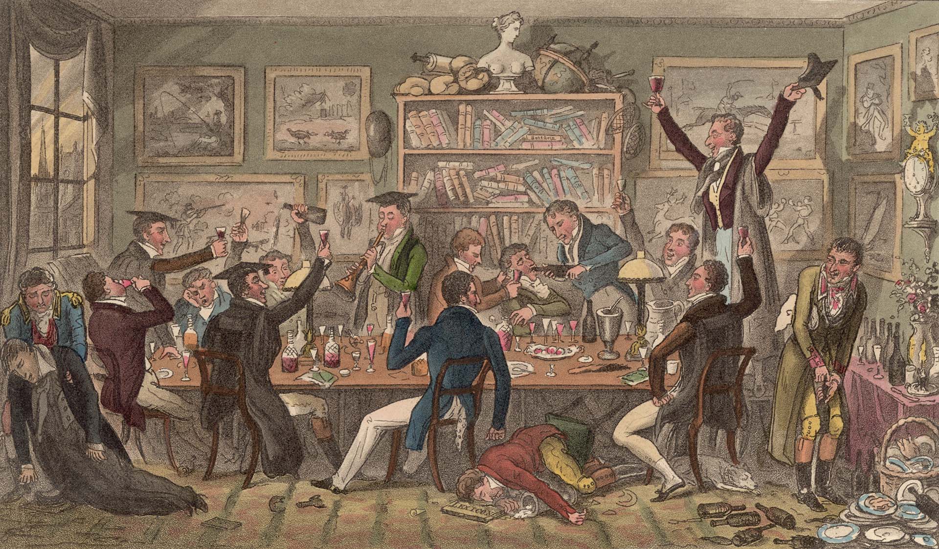 Айзек Роберт Крукшенк для «Английского шпиона», «Оксфордские старшекурсники устраивают ночную попойку», 1824 год