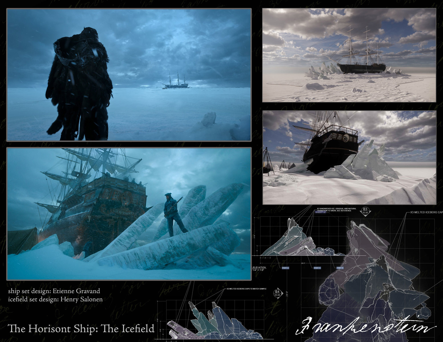 Концепция корабля во льдах, где Виктор Франкенштейн и его монстр встретятся, а после расскажут каждый свою версию истории