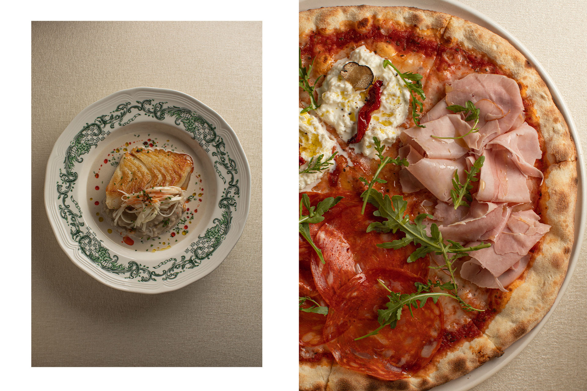 Слева: филе трески с пюре из артишоков / пицца Avero Mio