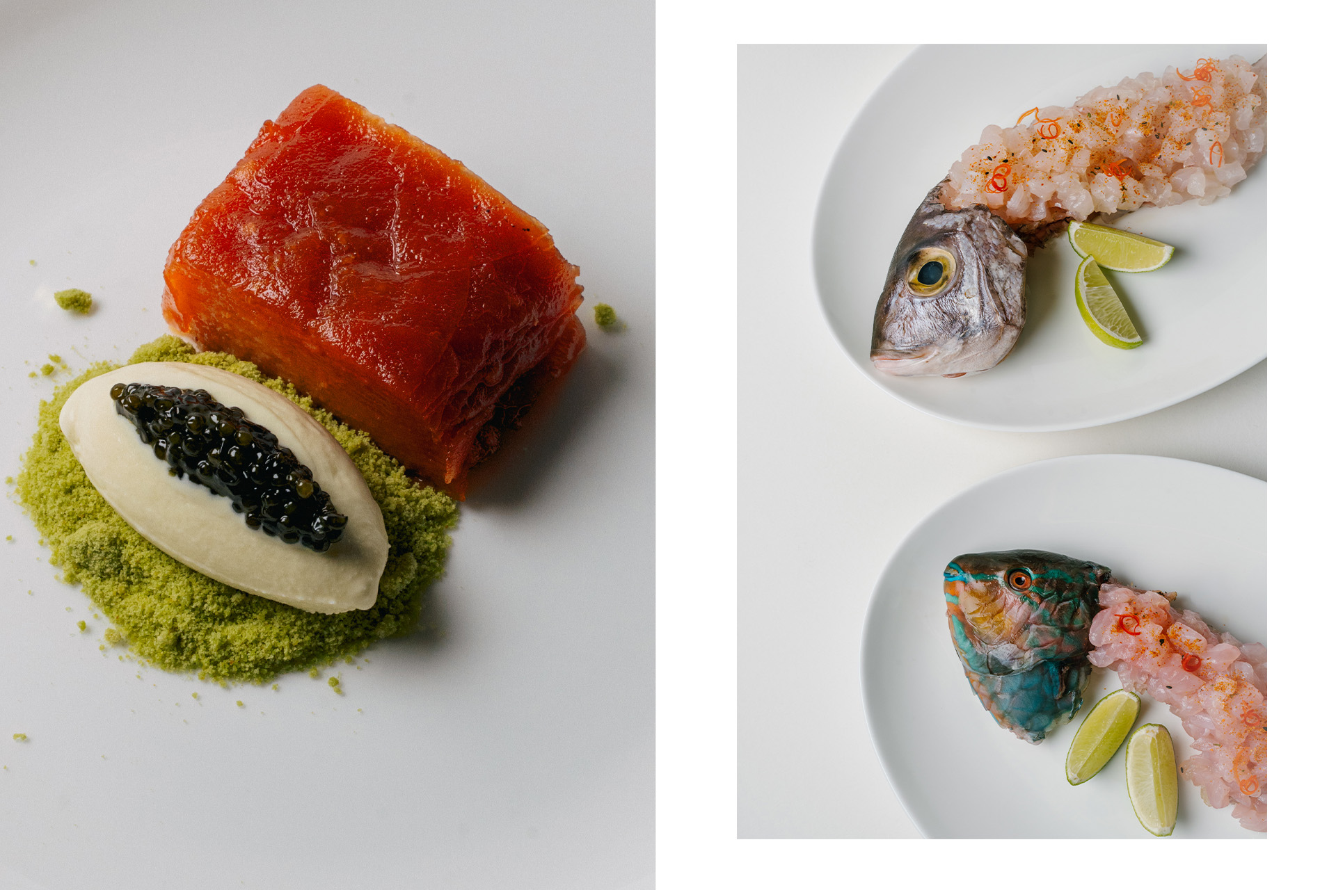 Слева: террин из айвы с мороженым из водорослей, чёрной икрой и крамблом из матчи / рыба целиком, тартар с трюфельным шисо, лаймом и перцами шичими