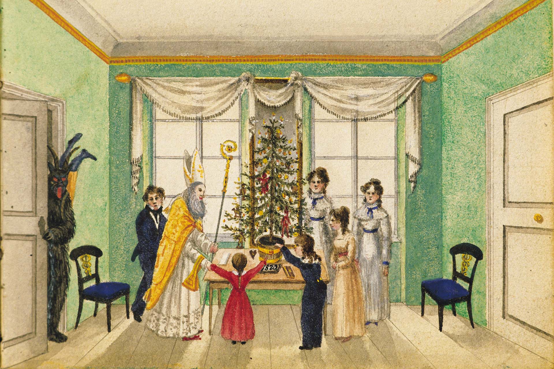 Рождественская вечеринка с Святым Николаем, куда заглянул и Крампус (книга памяти семьи Бауманн, венской купеческой семьи),  около 1820 года