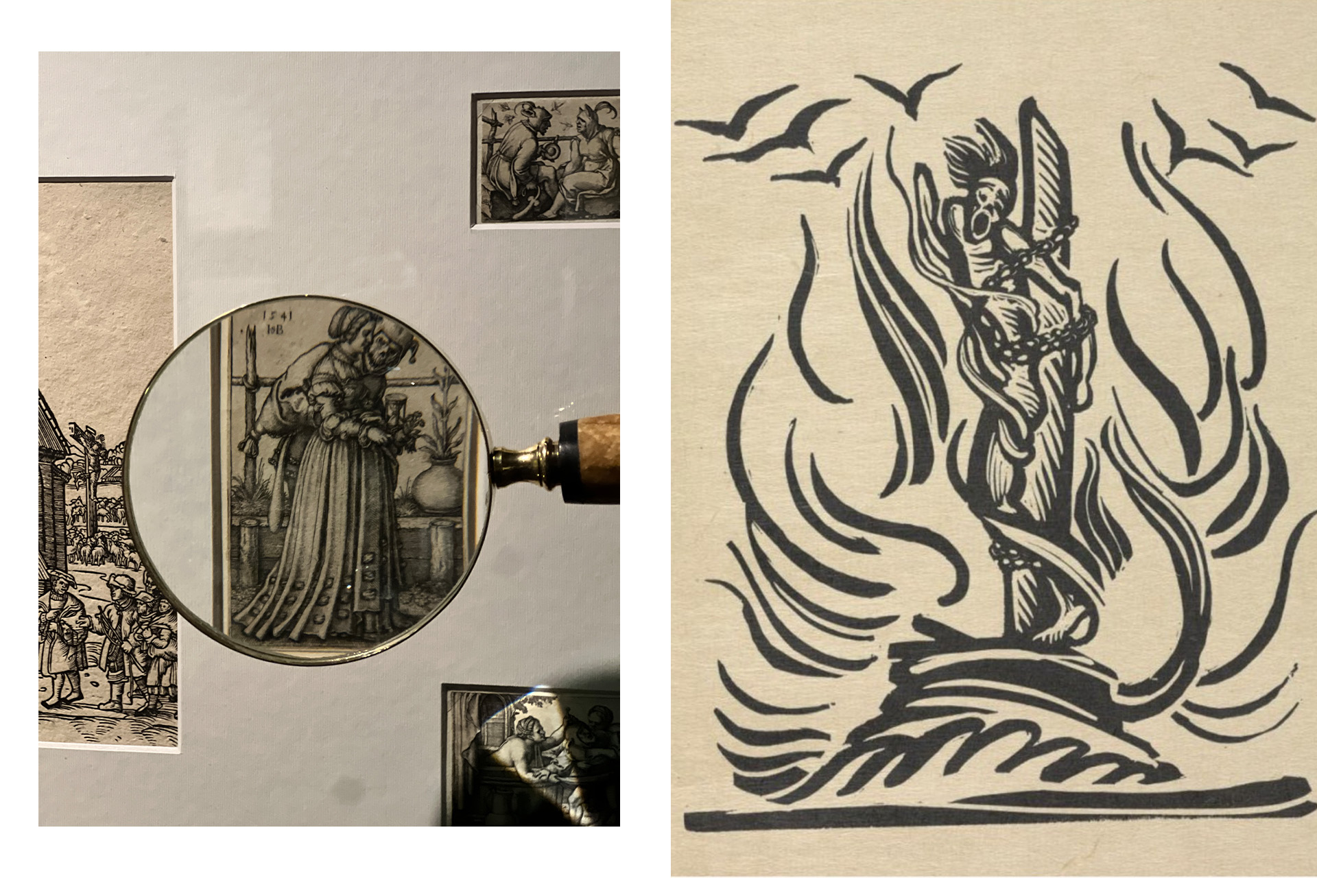 Слева: детали экспозиции выставки «Король шутов и дураков» / Алексей Кравченко, иллюстрация к роману Шарля де Костера «Тиль Уленшпигель», гравюра, 1928 год