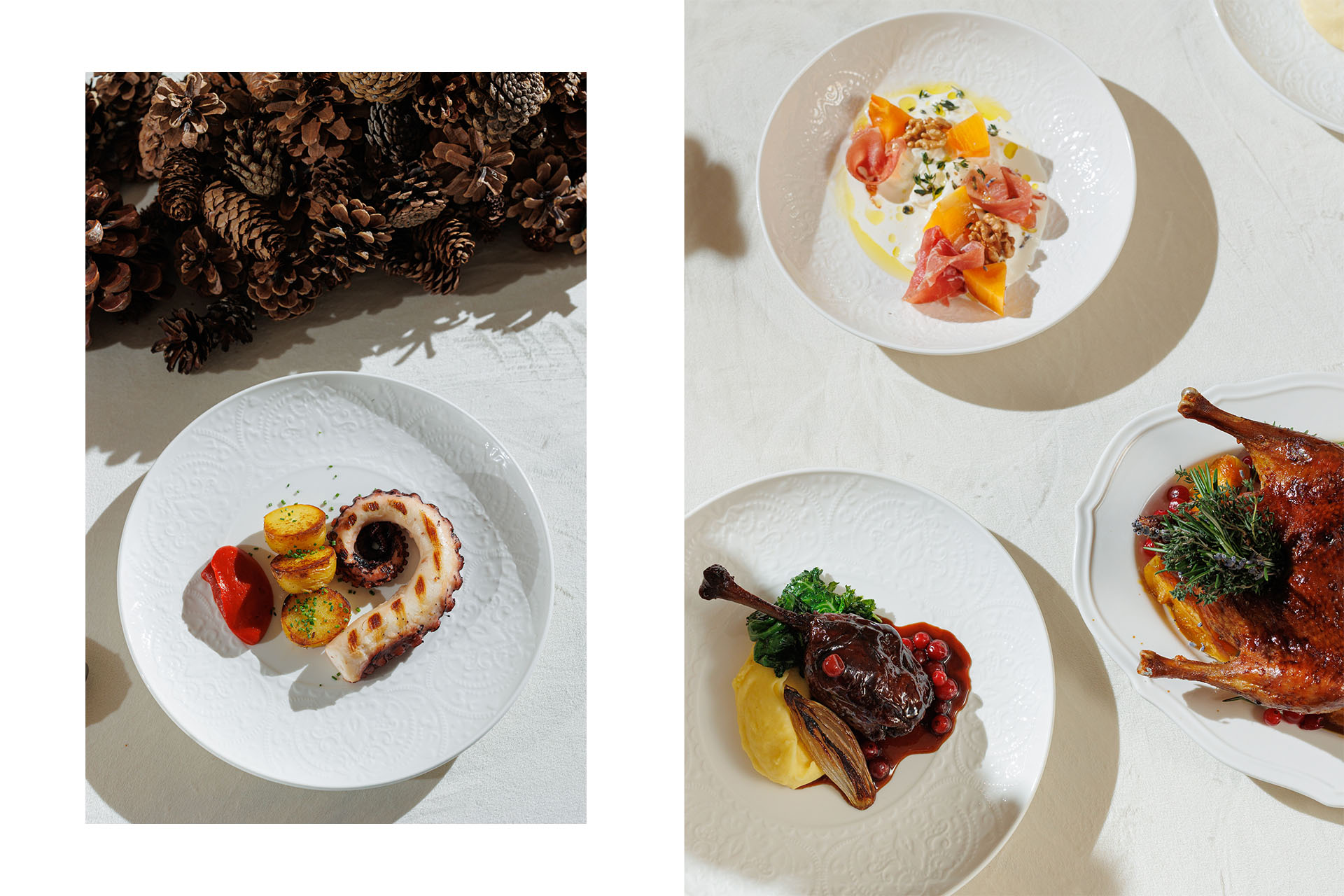 Слева: осьминог и пюре из перца / страчетелла с хурмой и прошутто, утиная ножка, пюре из печёного картофеля, кейл