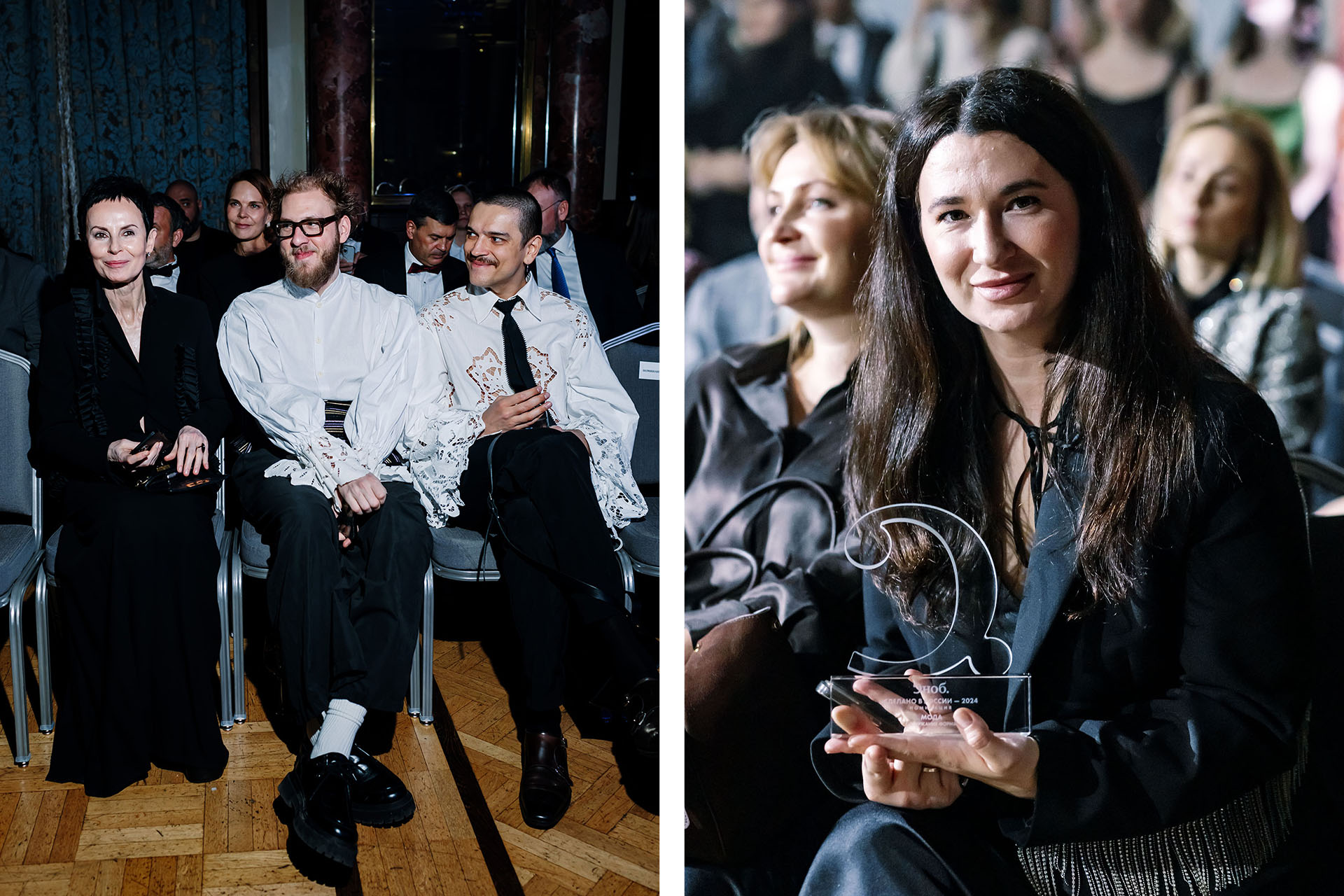 Слева: Ирина Апексимова, художественный руководитель Театра на Таганке, дизайнер Роман Уваров (в центре), Никита Калмыков, бренд ODOR / лауреат в номинации «Содержание формы» – Gloria Jeans