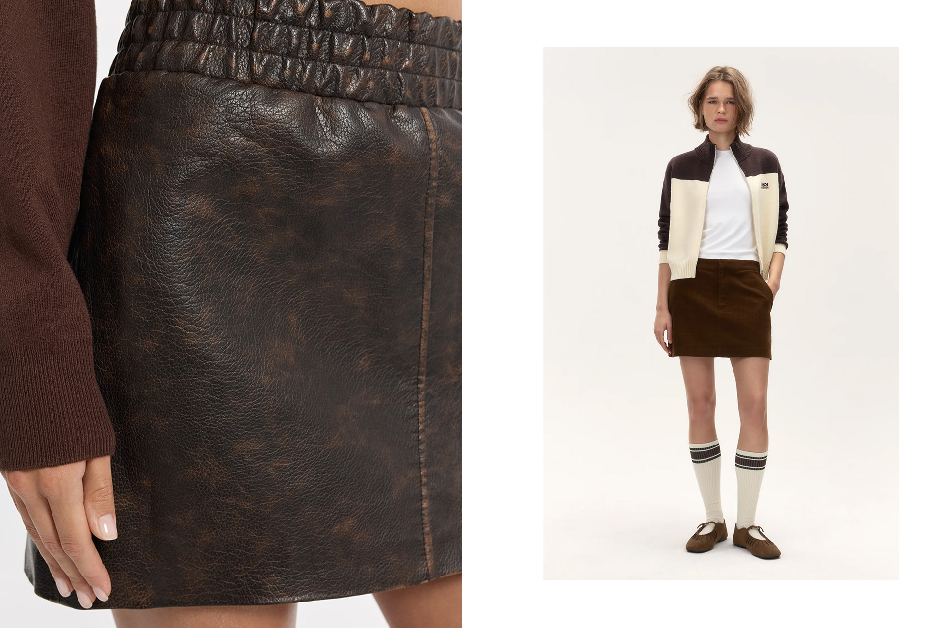 Юбка мини из экокожи с винтажным эффектом / вельветовая юбка-трапеция мини