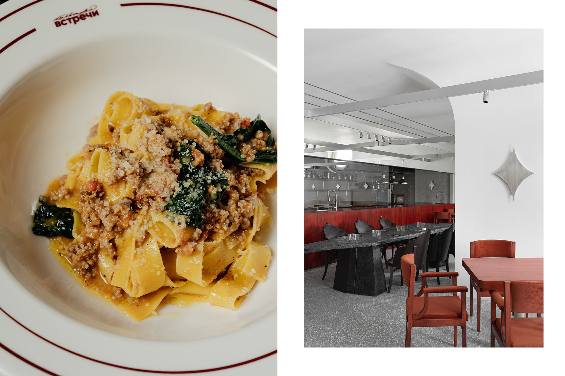 Паста с утиным рагу и панчеттой / интерьер ресторана «Культура встречи»