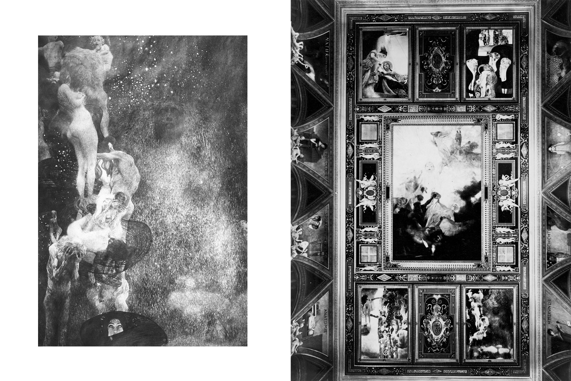 Слева: Густав Климт, «Философия», около 1907 года / Густав Климт, «Факультетские картины», потолковая роспись Венского университета