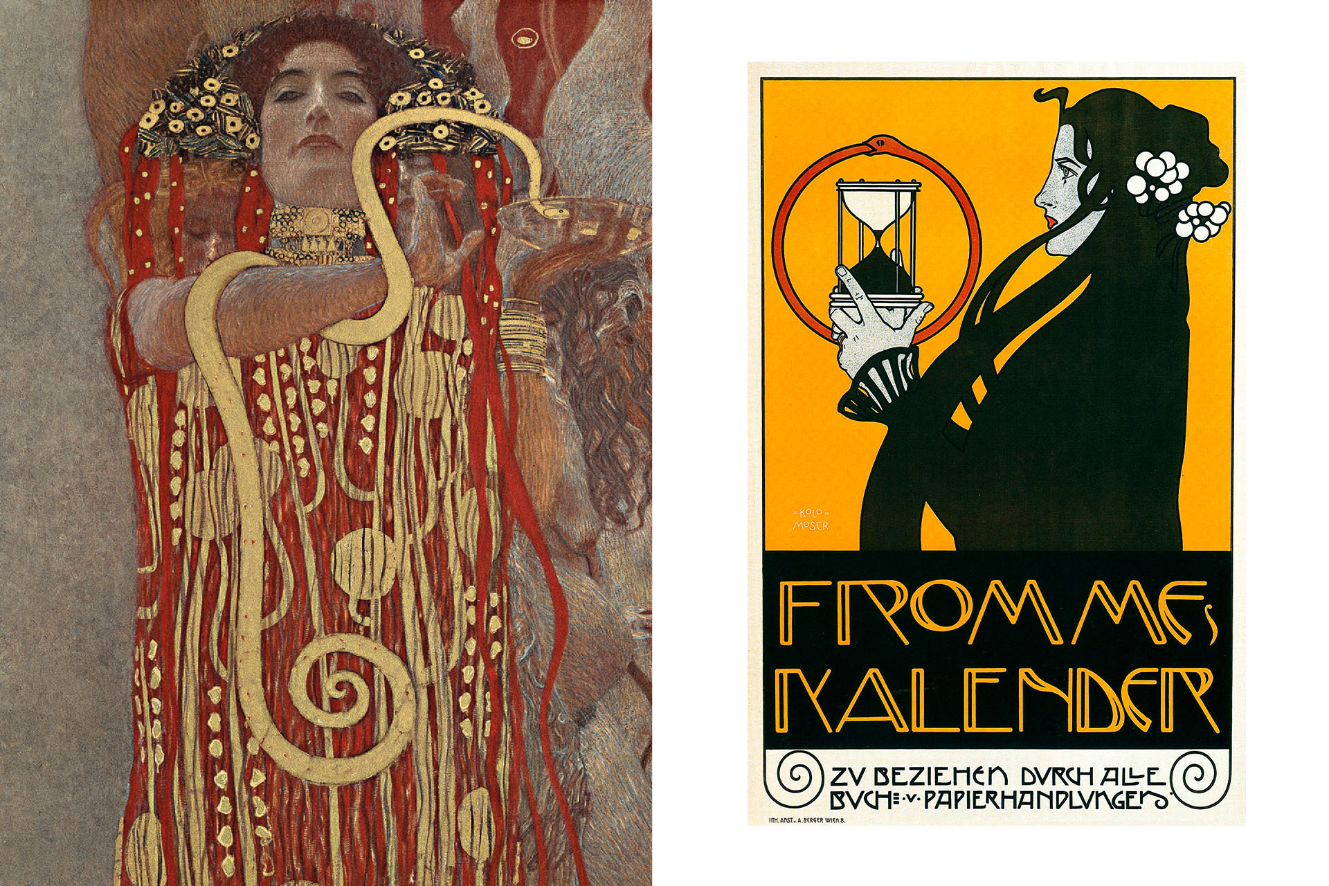 Слева: Густав Климт, «Гигиея», деталь «Медицины», 1901 год / Коломан Мозер, плакат в стиле ар-нуво для коллекции Fromme Kalender, 1897 год