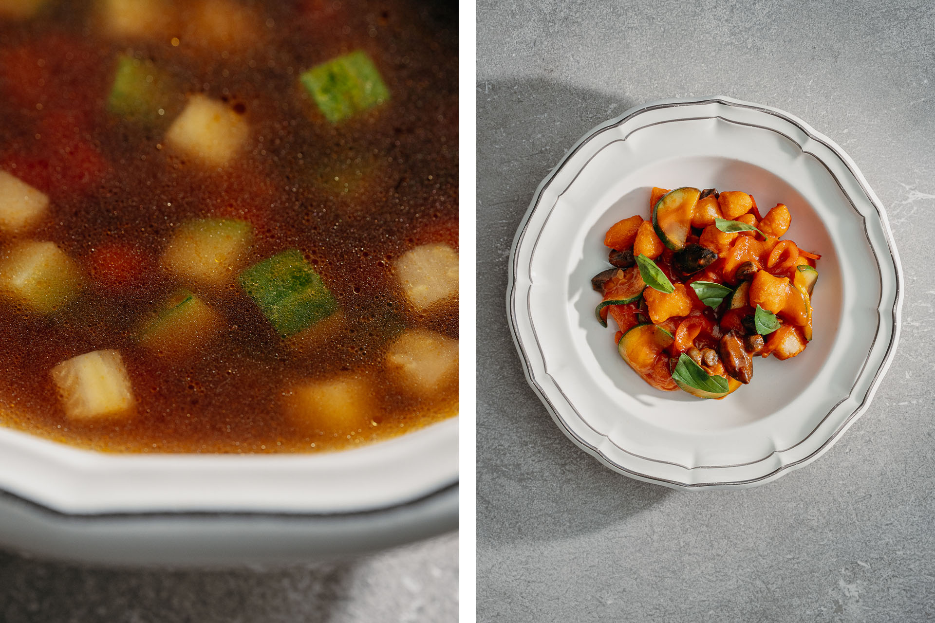 Суп с пророщенным машем / ньокки из запечённого картофеля, белой и красной фасоли