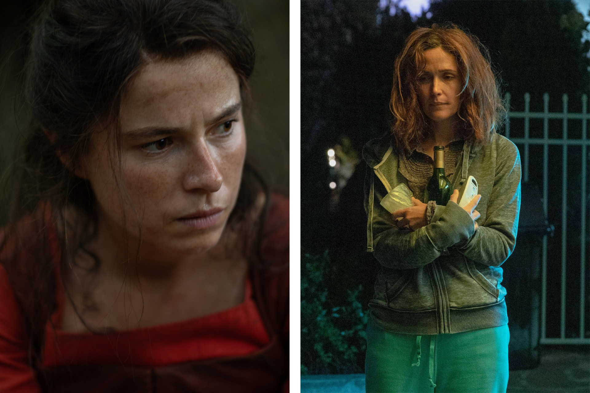 Джесси Бакли в роли Агнес Шекспир в фильме «Хамнет: История, вдохновившая „Гамлета“» / Роуз Бирн в роли Линды в фильме «Я бы тебя пнула, если бы могла»