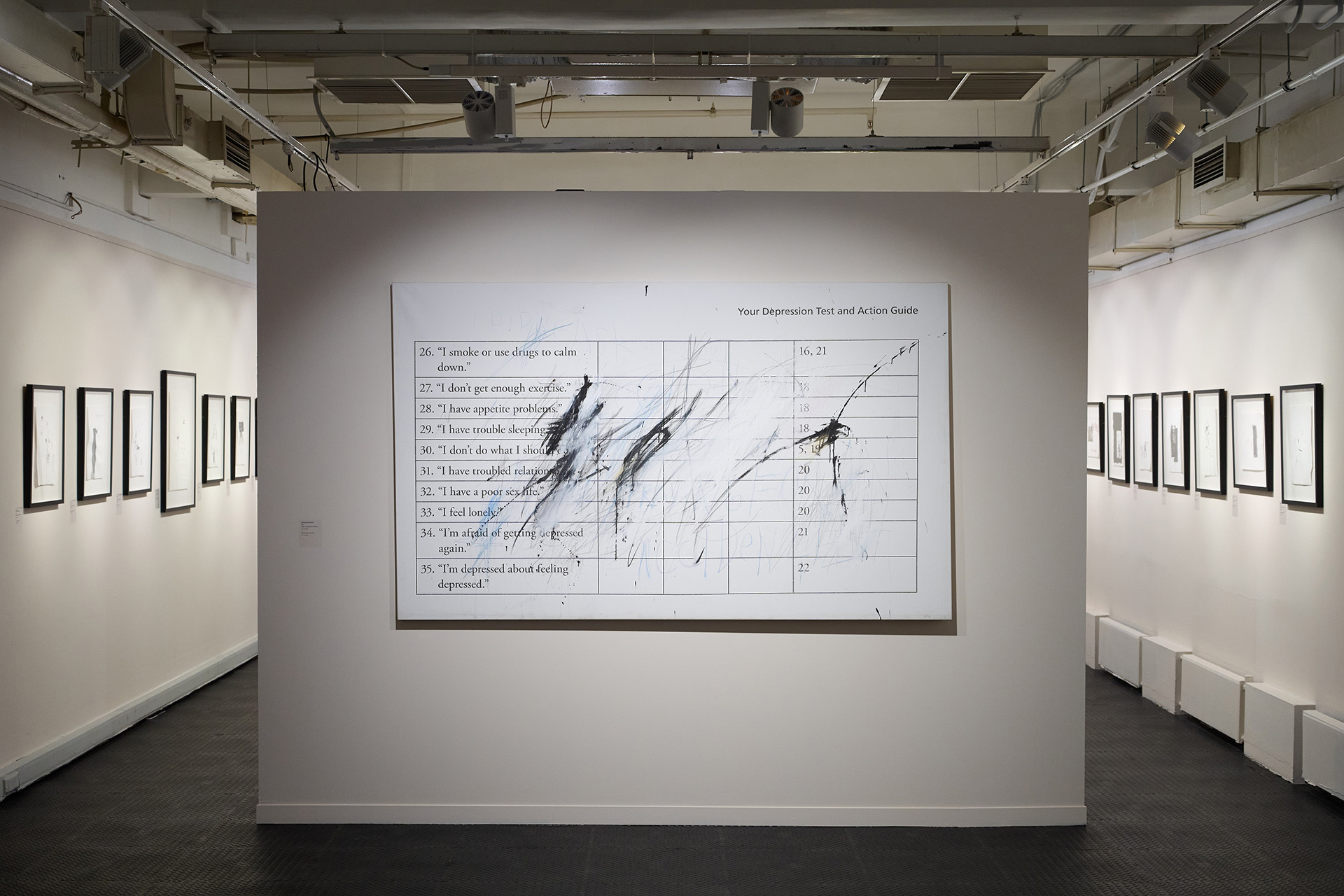 Экспозиция выставки Ask Us If He Was Our Son. В центре работа Depression Graph, 2016 год