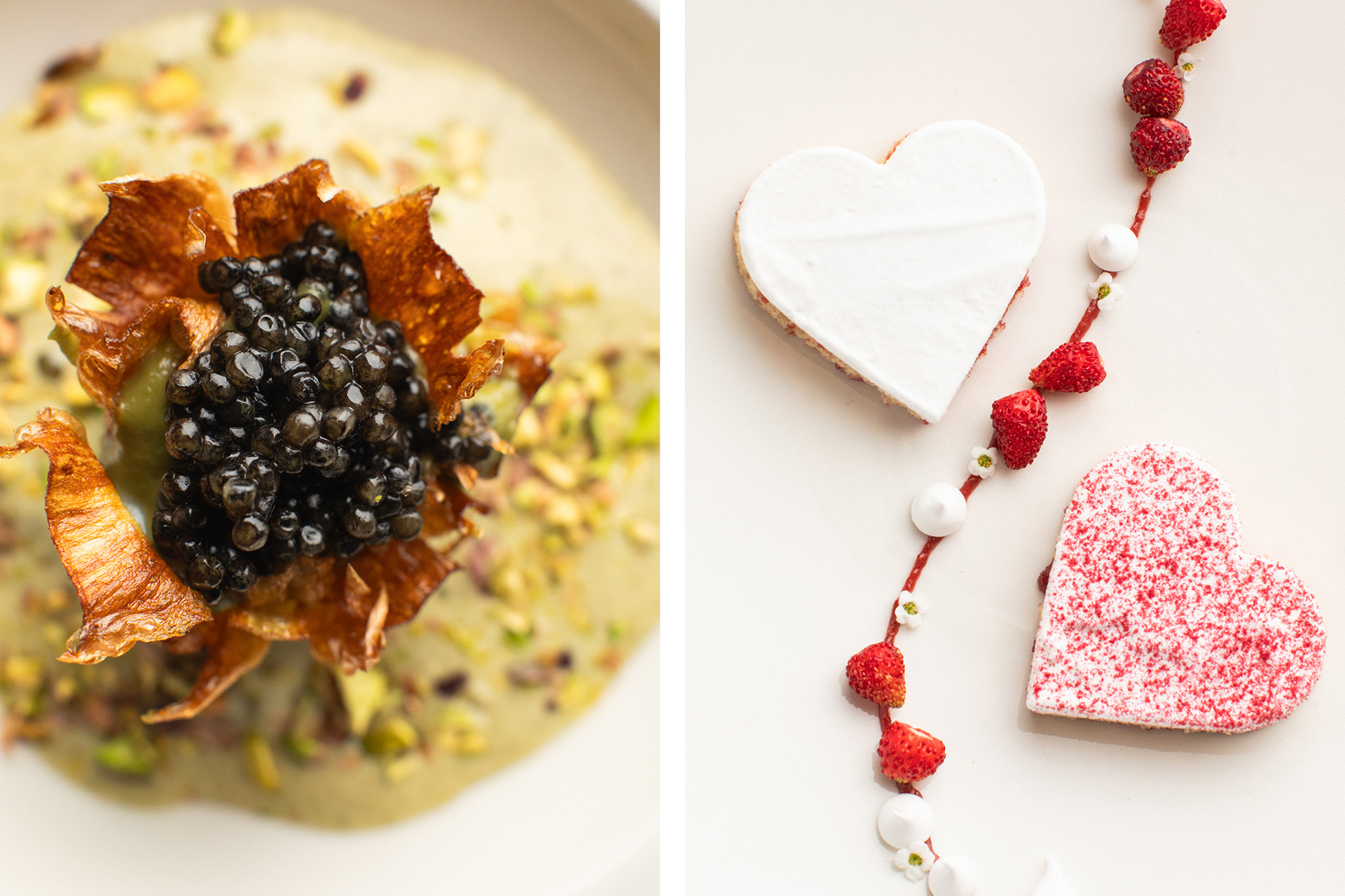 «Неукротимая страсть», мусс из фисташек с тёплым артишоком и осетровой икрой / «Ласка и поцелуи»