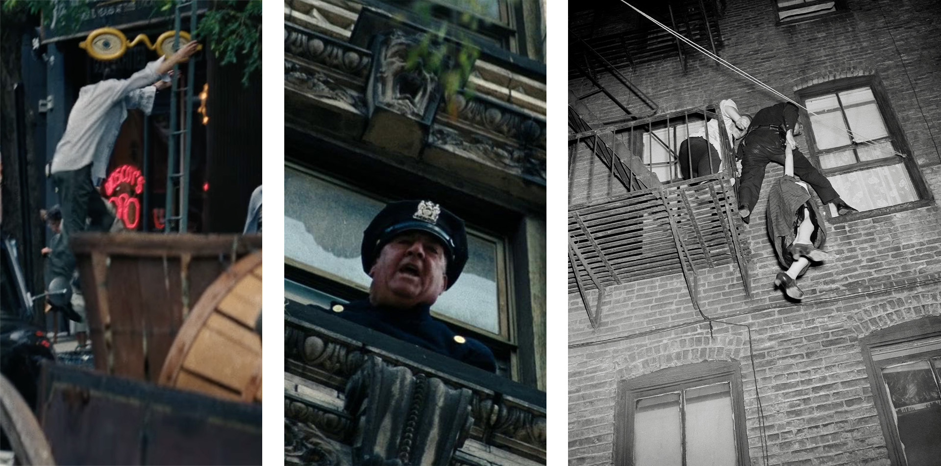 Слева и в центре: кадры из фильма «Марти Великолепный», сцена побега Марти из квартиры матери от полицейского, справа: нью-йоркский патрульный, опасно балансирующий одной ногой на подоконнике, а другой на пожарной лестнице, держит за запястье женщину, 1953 год
