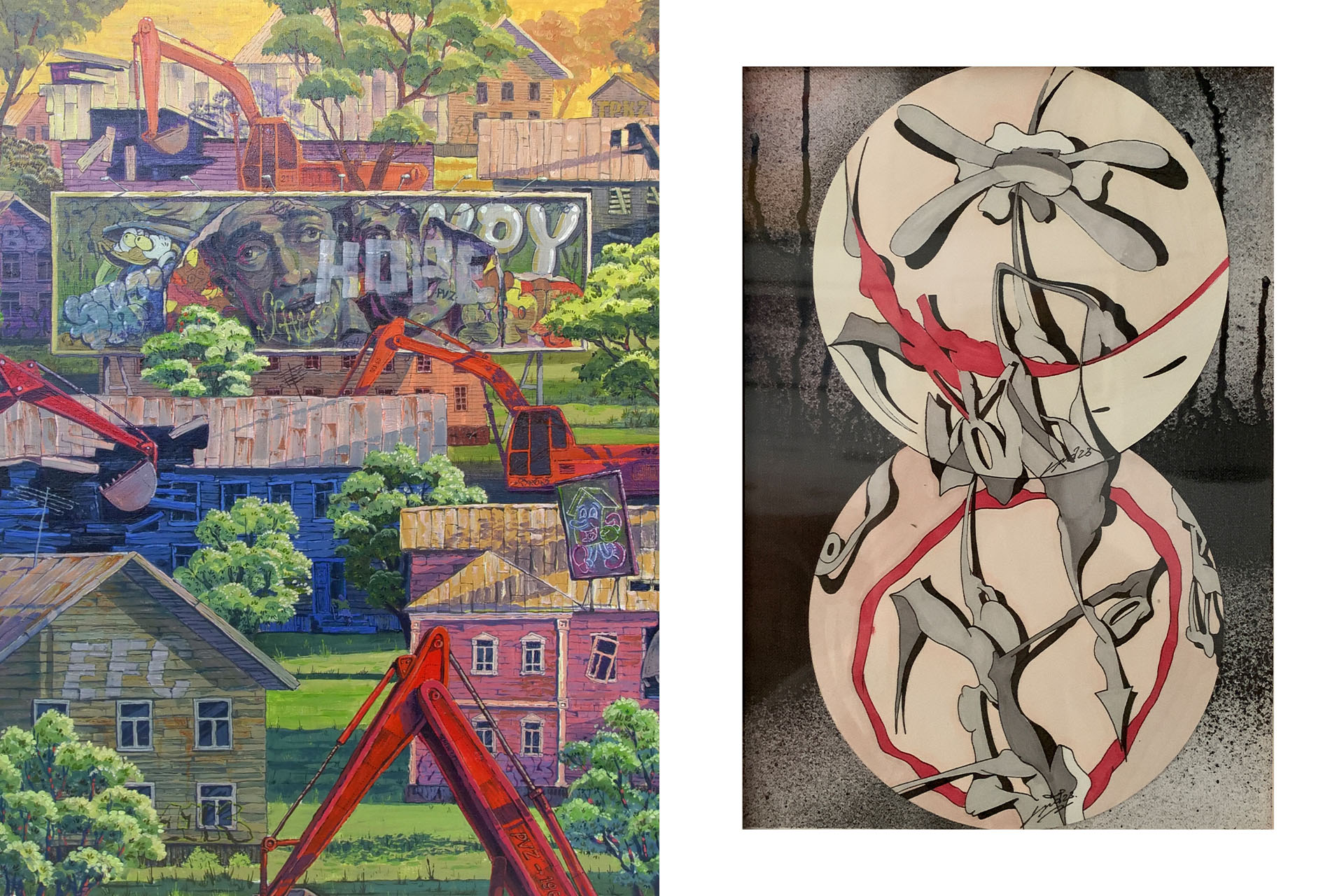 Слева: Михаил Трещёв, The Great disposal, 2023 год / Максим Има, Patreon, 2023 год