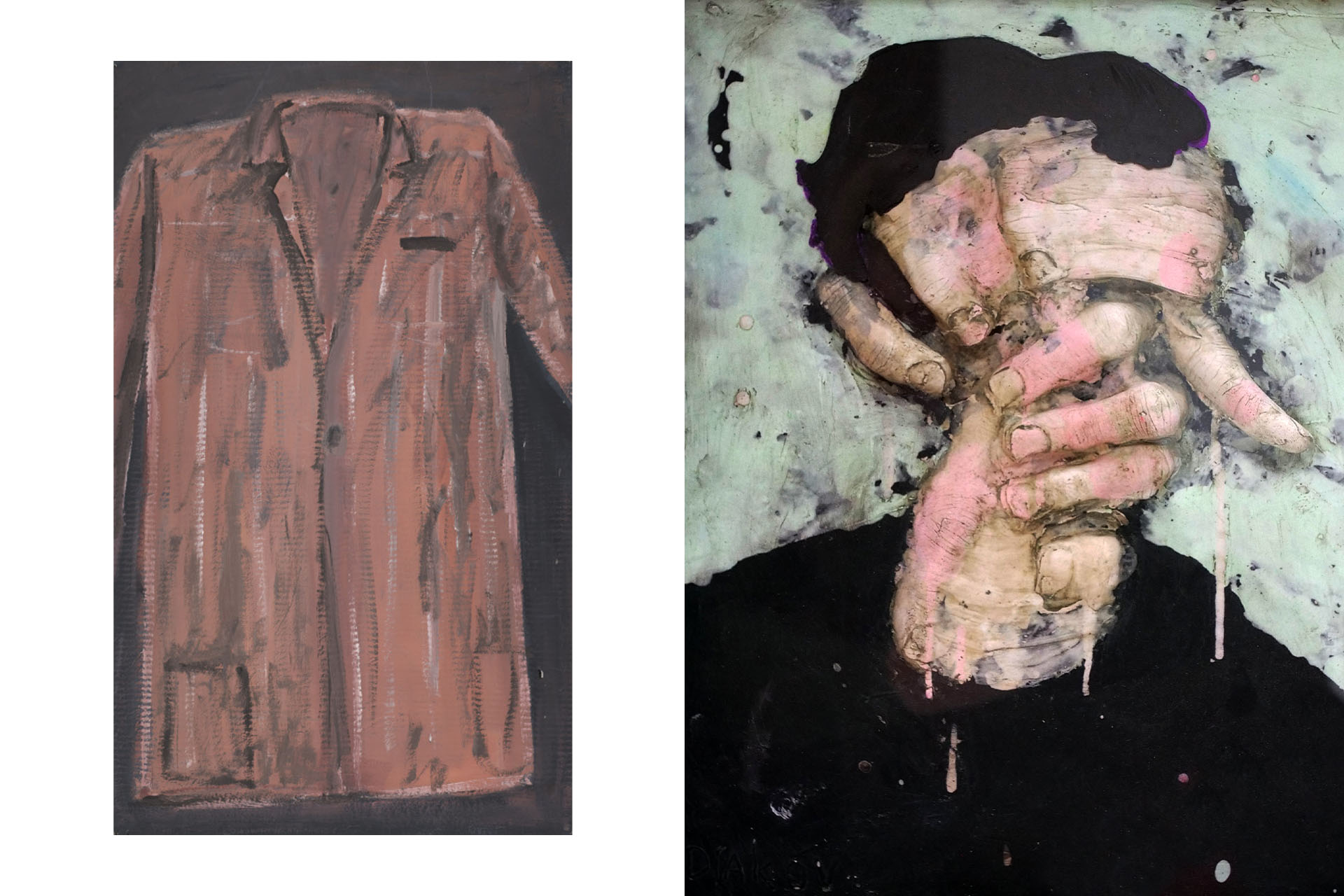 Слева: Михаил Рогинский, «Розовый пиджак с проймами», 1992 год / Пётр Дьяков, «Портрет с фотокарточки», 2022 год