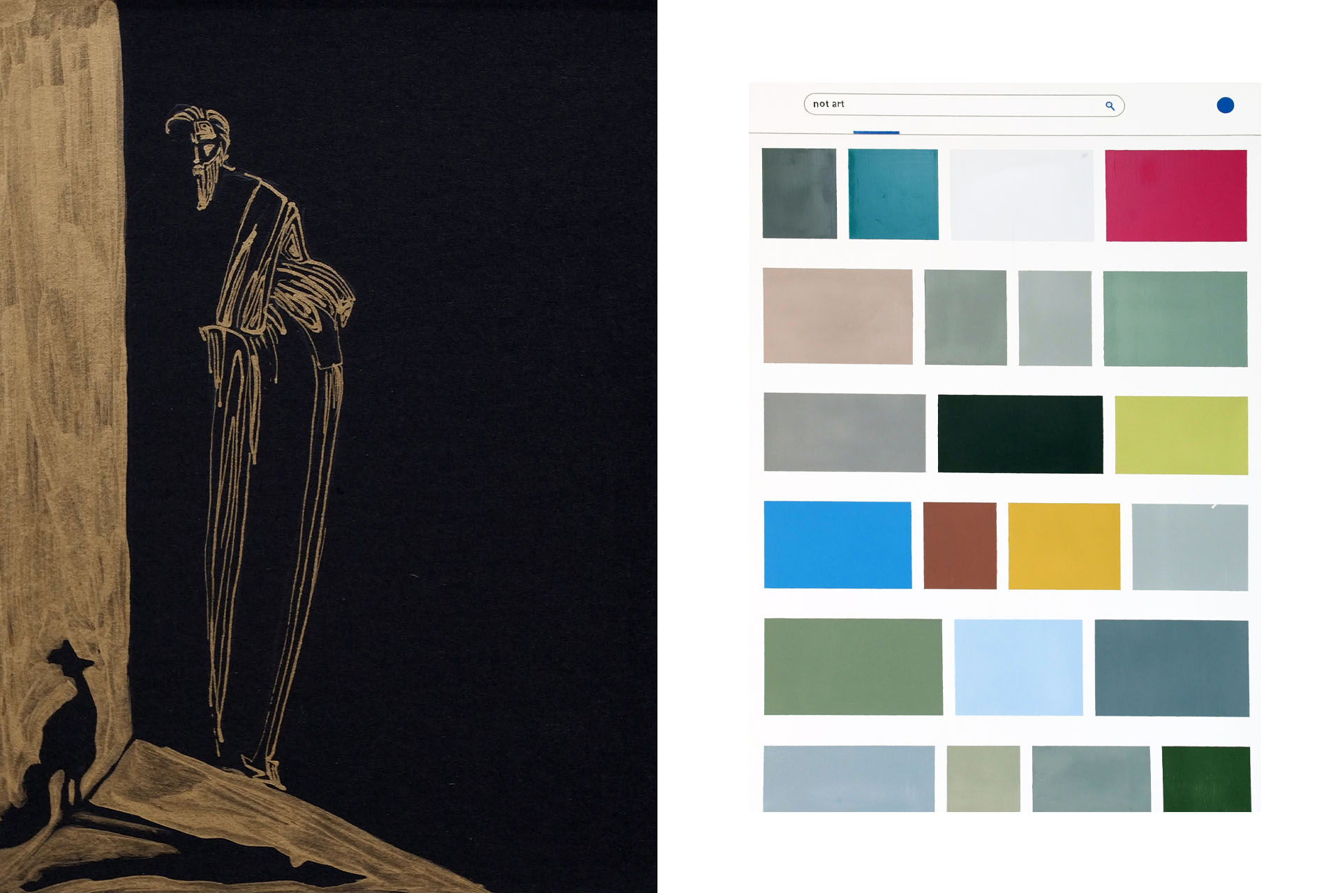 Слева: Ника Клёцки, «Отречение Петра», 2024 год / Владимир Абих, Not art, 2020 год