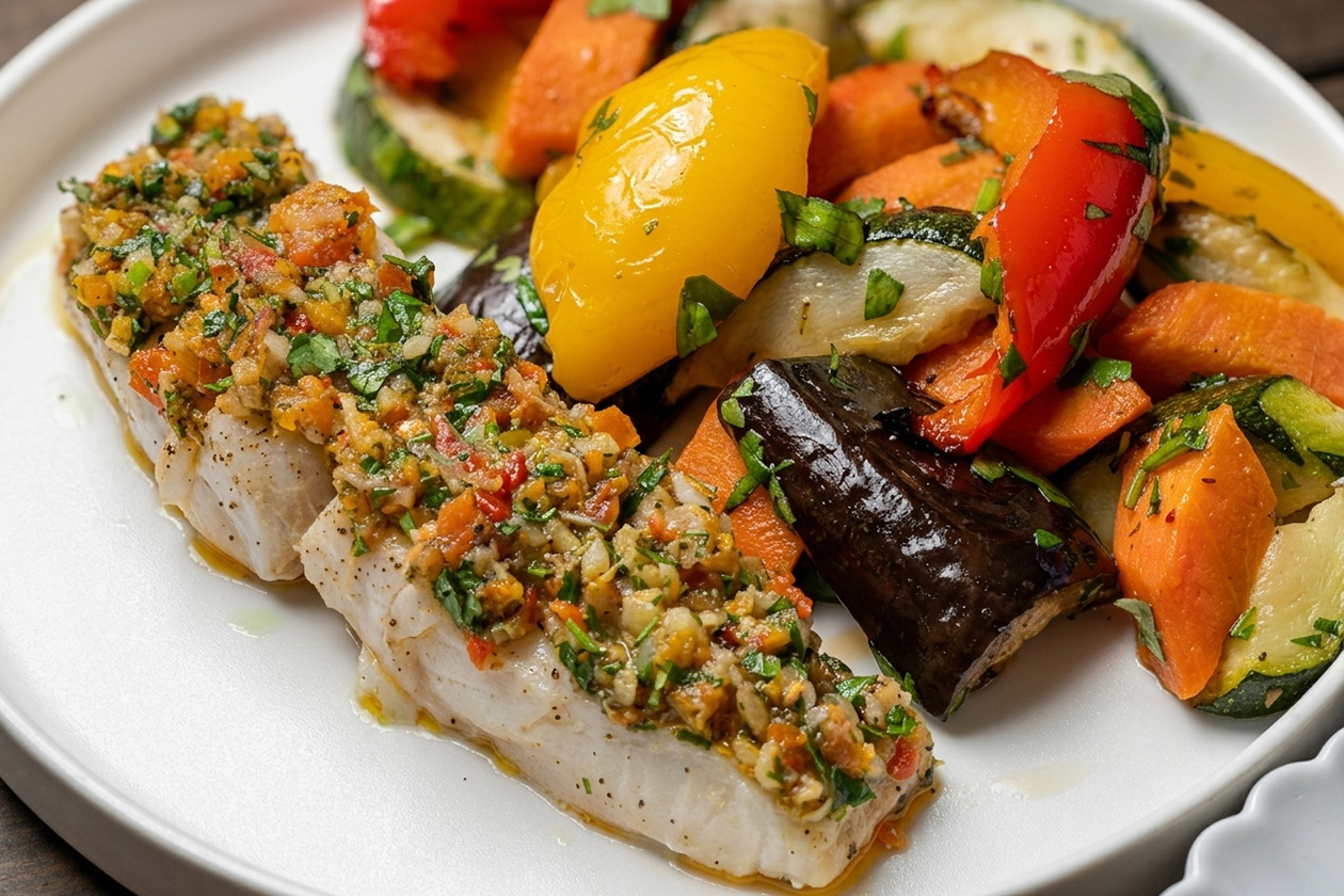 Палтус и запечённые овощи